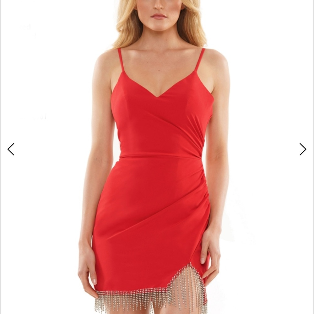 Colors Red Cocktail Dress V-Neck Fringed Hem, Dazzling Rhinestone ORG PR - $262